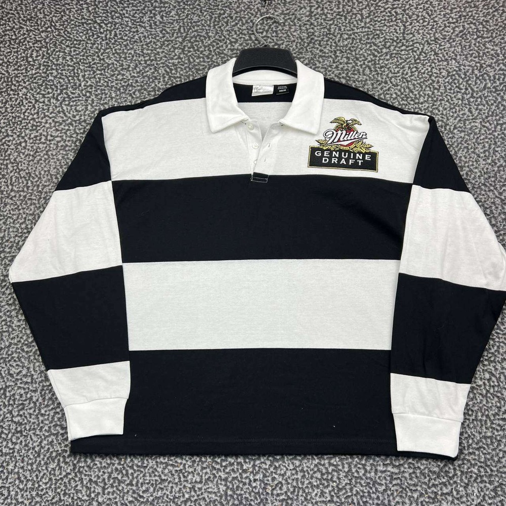 Miller Genuine Draft Rugby Shirt Men Medium Black White Striped Long Sleeve Y2k